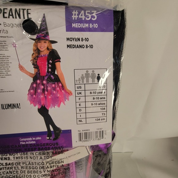 Girls Light-Up Sparkle Witch Costume Medium (8-10) Dress Hat & Wand Purple Pink - Picture 12 of 12
